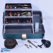 Umco 173U Fishing Tackle Box, with contents of minnows, lures, spoons, lead weights, beads, a good