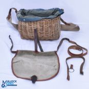 Wicker Fishing Creel, with webbing shoulder trap, leather fittings, in need of some repair to