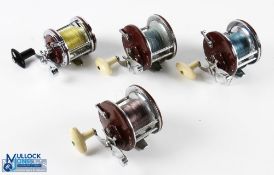 4x Assorted Multiplier Reels inc 3x Japan made reels in burgundy and chrome with cream handles,