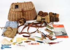 Vintage Wicket fishing Creel and Accessories, a good selection to include 3 Hardy Rod bags, 2 rod in