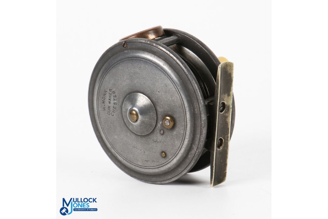 A scarce H Monk Seller Gunmaker, Chester, Dingly built alloy fly reel 3" spool with 3 screw brass - Image 2 of 2