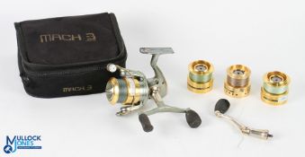 Shakespeare Mach 3 3500 fixed spool reel with 3 spare spools and twin handled arm, good bail,