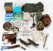 A cornucopia of fishing tackle to include: Hardy roof rod carriers; Salter scale, Sextile line