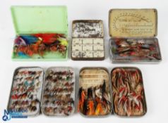 A collection of fly tins with flies, comprising: Wheatley slim alloy Kilroy Patent fly box, 6