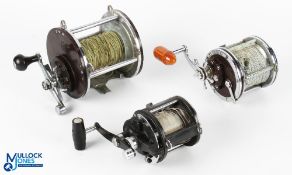 3x Large Big Game Reels - L T Willis, Sydney Neptuna reel with large crack to end panel and cracks