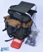 Shakespeare Folding Stool with Backpack - Brown/Green, with a few contents of feeders and bate tools