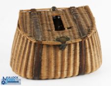 Early Farlow leather and fine weave Reed Creel c1880s with central slot to lid with brass clasp,