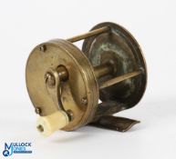 Early unnamed brass multiplier winch, curved crank arm with white handle, 2