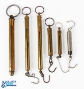 A collection of brass spring balance scales, as follows: Salter 8lb; Resilient 30lb (missing