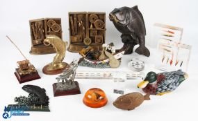 Fishing Collectables, a box to include resin encase Salmon and Trout flies, fish ornaments, resin