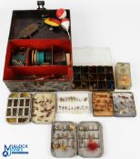 Brass handled tin with a large selection of tackle: 8x boxes of flies to include Wheatley dry fly