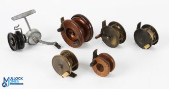 A collection of mixed types of reels, comprising: H Chamberlain Gun Maker brass winch, 2.5