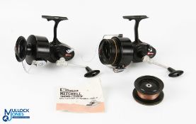 2x Garcia Mitchell 386 Fixed Spool Reels both LHW full bails arms, stamped France to feet, with