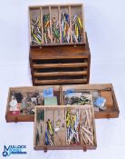 Vintage Fishing Tackle Lot, within a pine fronted wooden 4 draw storage unit, to include a