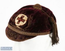 1903-4 Yorkshire Rugby League Cap: Well-worn but wonderful, maroon honours cap with gold braid,