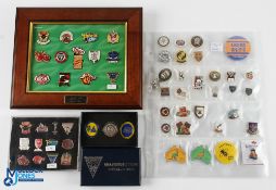 Ruby League Enamel Badge Collection with teams of Warrington Wolves, a framed 2001 competing teams