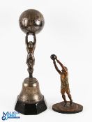 2x Period Football Trophies, a Goalkeeper with cap on saving, made of metal alloy, with a gold