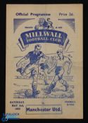 1952/53 Friendly match programme Millwall v Manchester United at The Den, 4 pages, 2nd May 1953;
