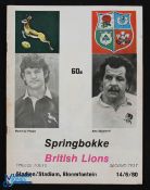 1980 S Africa v B & I Lions Rugby Programme: Second Test, at Bloemfontein 14/6/80, 40pp: includes