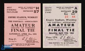Selection of FA Amateur Cup Final Tickets at Wembley; 1951 Pegasus v Bishop Auckland; 1953 Pegasus v