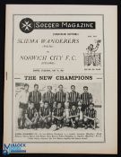 1964 Sliema Wanderers (Malta Champions) v Norwich City programme 7 May 1964 at The Empire Stadium;