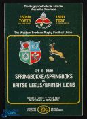 1980 S Africa v B & I Lions Rugby Programme: 1st test, Springboks v Lions at Newlands, 31/5/80, 20