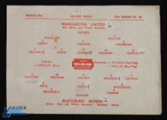 War Time 1945/46 Manchester United v Blackburn Rovers War League North 9 March 1946, single sheet,