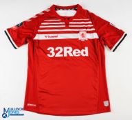 Dael Fry No 6 Middlesbrough 2019/20 home match issue football shirt - in red and white, Hummel /