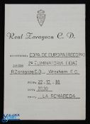 Very scarce programme Real Zaragoza v Wrexham European Cup Winners cup match 22 October 1986, 4 page