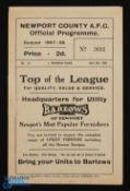 1947/48 Newport County v Swindon Town Div. 3 (South) match programme 8 April 1948; good. (1)