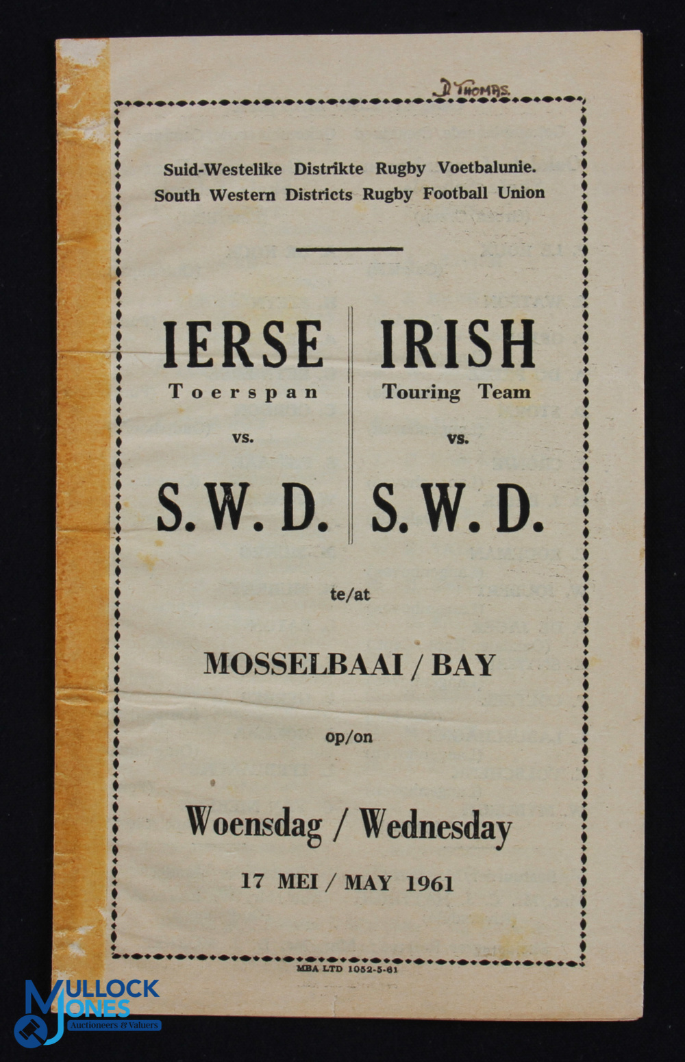Scarce 1961 SW Districts (SA) v Ireland Rugby Programme: With taped spine and a wrinkle but