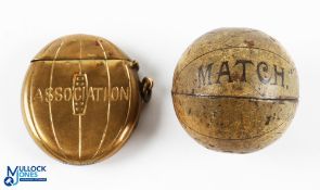 Period Association football Brass Vesta Case match holder, with a tin football shaped chocolate tin,