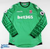 Lee Grant No 33 Stoke City 2016/17 goalkeeper match issue football shirt - in green, Macron /