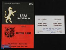 1980 SARA Invitation XV v B & I Lions Rugby Programme: At East London, 20pp, compliments slip. VG