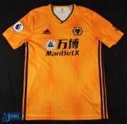 Raul Jimenez No 9 Wolverhampton Wanderers 2019/20 home match issue football shirt - in gold,