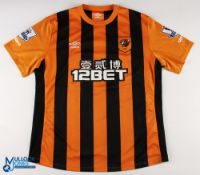 Tom Huddlestone No 8 Hull City 2014/15 home match issue football shirt - orange and black, Umbro /