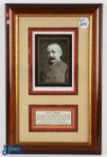 1905 J J Bentley Founder of the Football League framed bookplate Portrait, framed and mounted