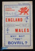 1938 Scarce Wales v England Rugby Programme: At Cardiff, 14-8 home win. G for age
