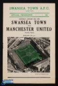 1959 Friendly match programme Swansea Town v Manchester Utd 24 January1959 at Vetch Field, pocket