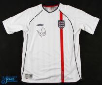 2001-2003 Rio Ferdinand signed England Umbro Football Shirt, short sleeve boys size LB with COA from