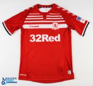 Lewis Wing No 26 Middlesbrough 2019/20 home match issue football shirt - in red and white,