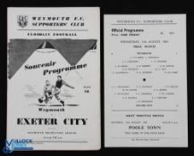 Weymouth FC home friendly match programmes 1953/54 Exeter City (Lawes benefit), 1965/66 Exeter