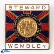 Scarce 1966 World Cup Wembley Stewards Badge depicting inset Jules Rimet Trophy, a square, enamel