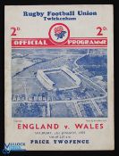 1939 Scarce England v Wales Rugby Programme: England won 3-0 in their last pre-WW2 Wales clash.