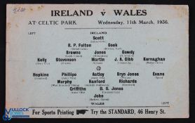 Pre-War International match programme team sheet 1936 Ireland v Wales at Celtic Park, Belfast 11
