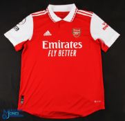 William Saliba No 12 Arsenal 2022/23 home match issue football shirt - in red and white, Adidas /