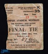 1948 FA Cup Final South Grandstand match ticket with Manchester United player ink signatures to