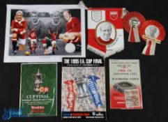 Manchester United Dennis Law & Bobby Charlton Signed photographs, comes with 2 period rosettes of