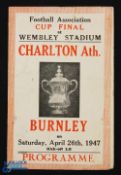 1947 FAC final Charlton Athletic v Burnley 4 page souvenir match programme by Buick of London,