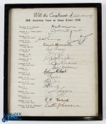 A 1948 signed Australian Cricket Team Sheet to Great Britain with 'With the compliments of the